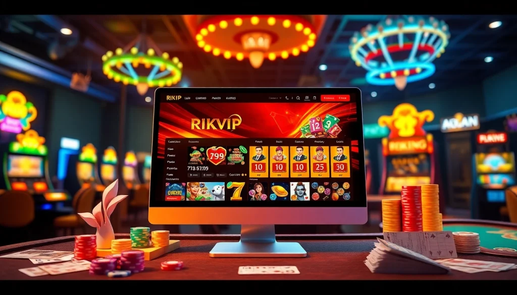 Players enjoying games on the Rikvip online casino platform featuring vibrant slot machines and poker chips.