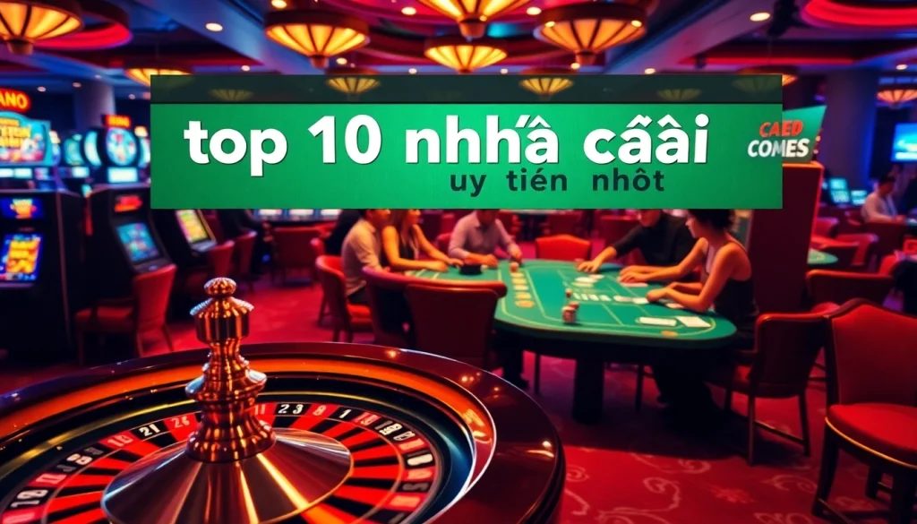 Experience the top 10 nhà cái uy tín nhất in a lively casino setting, featuring roulette, cards, and vibrant slot machines.