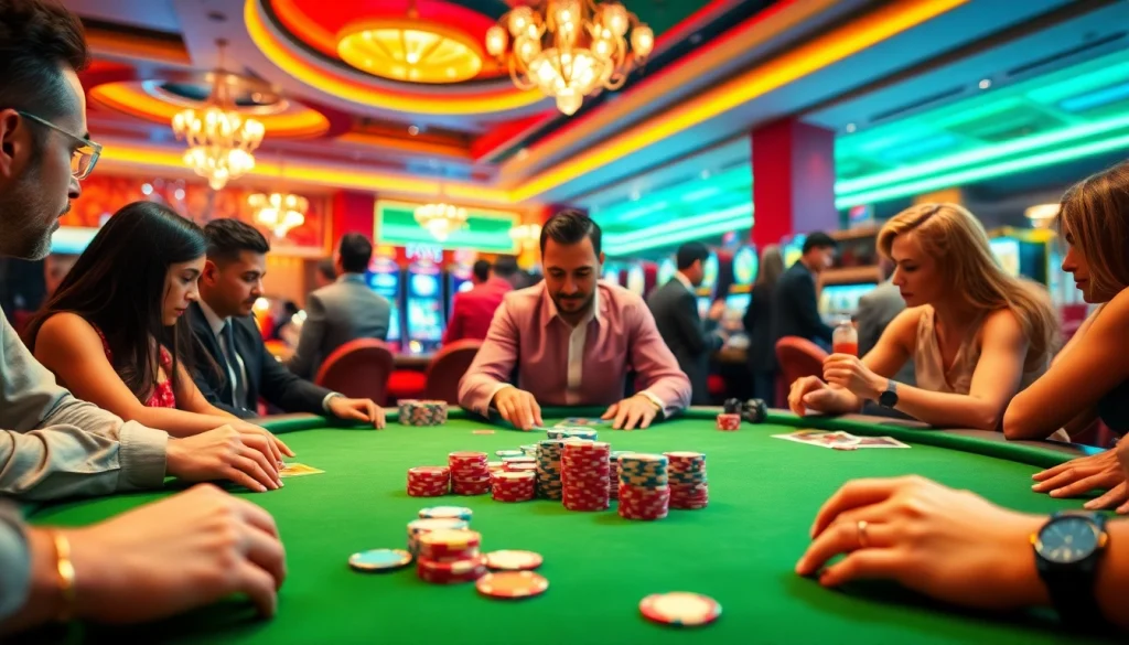 Players enjoying poker at bj88win.live with vibrant chips and cards, showcasing the thrill of casino gaming.