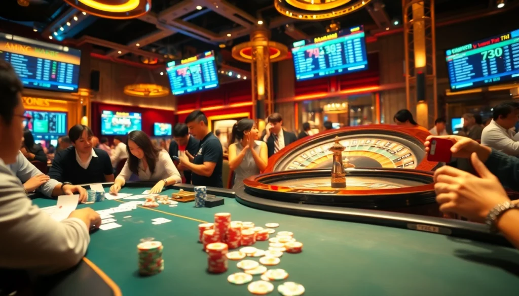 Players engaged in a thrilling poker game in a lively casino setting, showcasing 7M CN betting slips and vibrant roulette action.