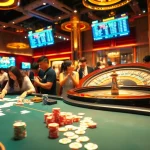 Players engaged in a thrilling poker game in a lively casino setting, showcasing 7M CN betting slips and vibrant roulette action.