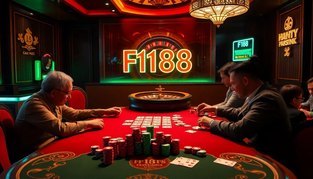 Experience the thrill of high-stakes poker at F168 casino, showcasing intense gameplay with vibrant chips and cards.