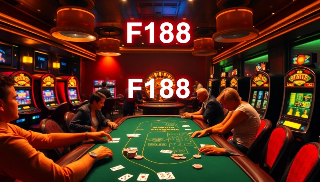 Experience the thrill of F168 as poker players strategize at a casino table amid vibrant slot machines.