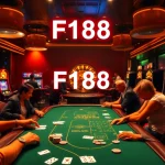 Experience the thrill of F168 as poker players strategize at a casino table amid vibrant slot machines.