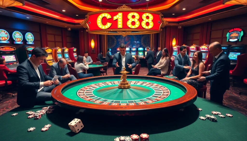 C168's vibrant casino scene showcasing a roulette game with excited players and chips scattered across the table.