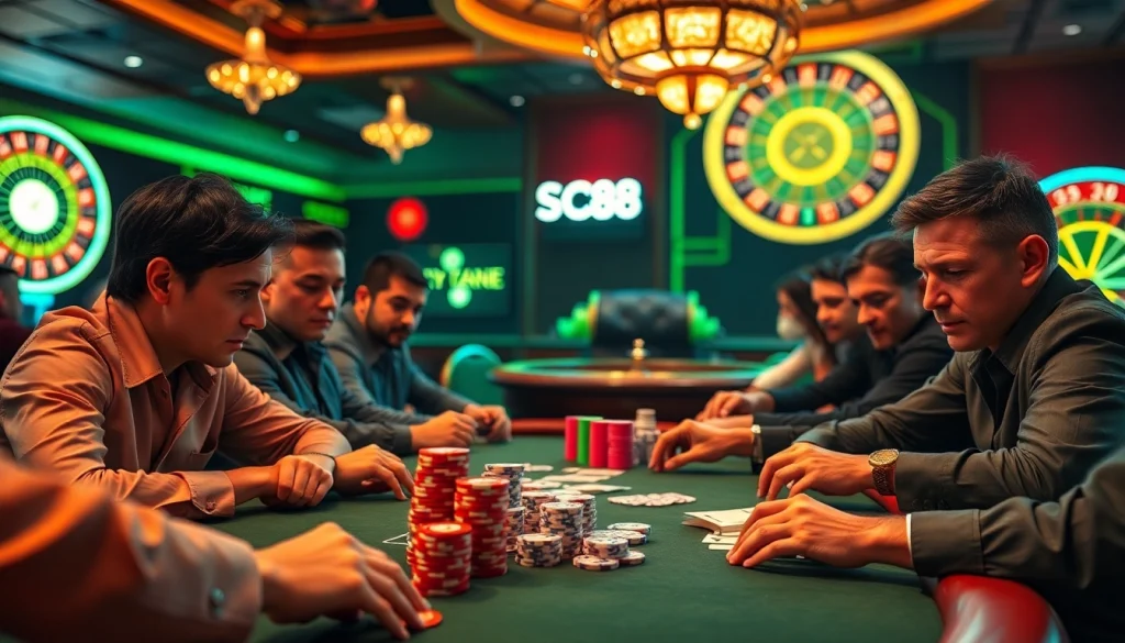 SC88 poker players strategizing at a vibrant table with chips and cards.