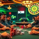SC88 poker players strategizing at a vibrant table with chips and cards.